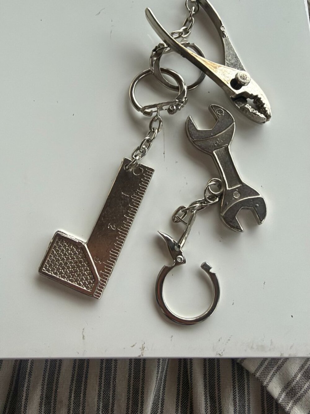 Vintage Tool Keychain Set 3 Wrench Pliers Ruler Silver Tone Metal Novelty